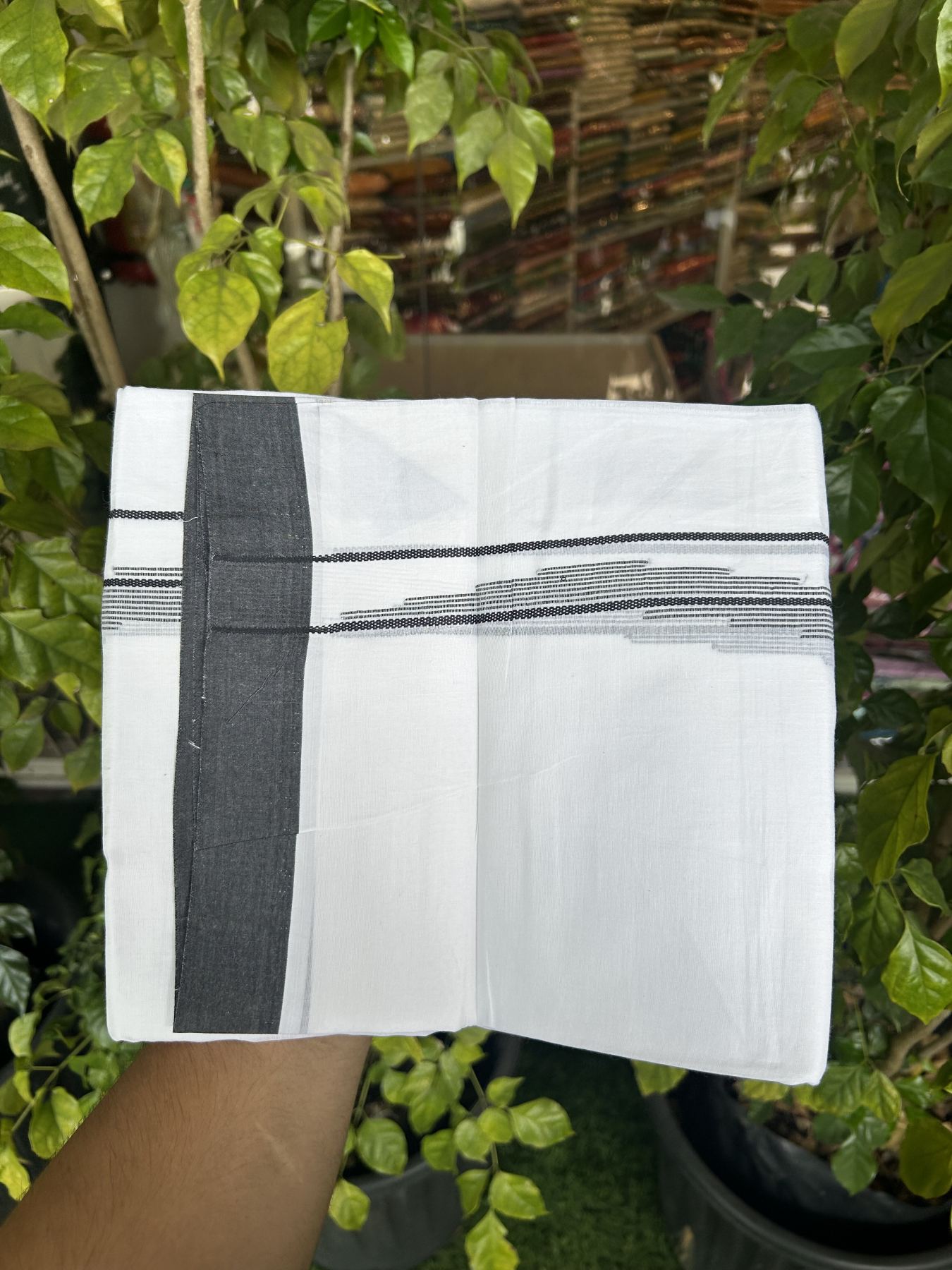 20% Discount ! Kaitharikada Balaramapuram 100% Cotton Pure White Double Mundu/Dothi - 100x80 - 0.75 inch Black Stripes Design Kara 3.80 mtr (8 muzham) - 32 KK5319 THI