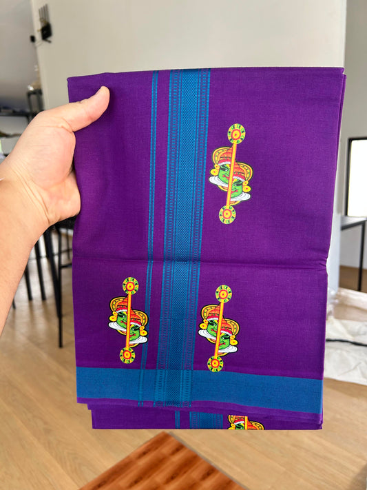 Single Kaily / Lungi- 20% Discount !! Kaitharikada - Pure Cotton - (40s) - 1.5 inch Peacock Blue Striped Kadhakali Printed Design Kara with Deep Violet colour Body (2 meter / 4 muzham) - 1 KK8063 GAN