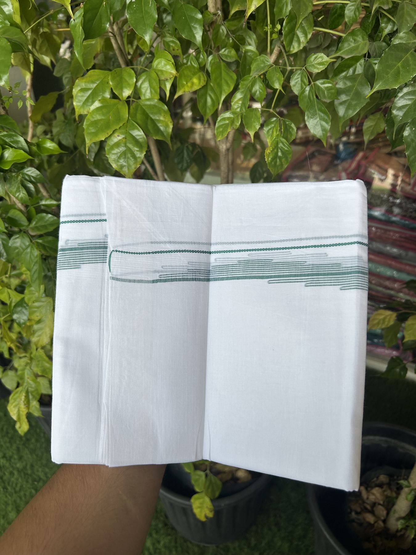 20% Discount ! Kaitharikada Balaramapuram 100% Cotton Pure White Double Mundu/Dothi - 100x80 - 0.75 inch Green Stripes Design Kara 3.80 mtr (8 muzham) - 33 KK5319 THI