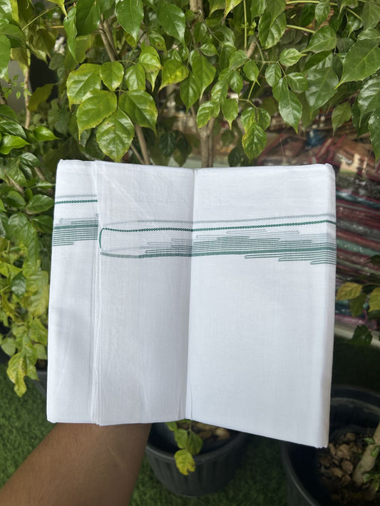 20% Discount ! Kaitharikada Balaramapuram 100% Cotton Pure White Double Mundu/Dothi - 100x80 - 0.75 inch Green Stripes Design Kara 3.80 mtr (8 muzham) - 33 KK5319 THI