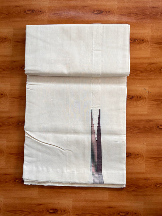 Off White (Unbleached) Double Mundu/Dhoti - 25% Discount!! Unakkupaav Kerala Handloom 100% Pure Cotton - 100X80 - 1 inch Puliyilakkara Dark Brown, Peach & Green Chutty 4 mtr (8.5 Muzham)- 2 KK5538 REA