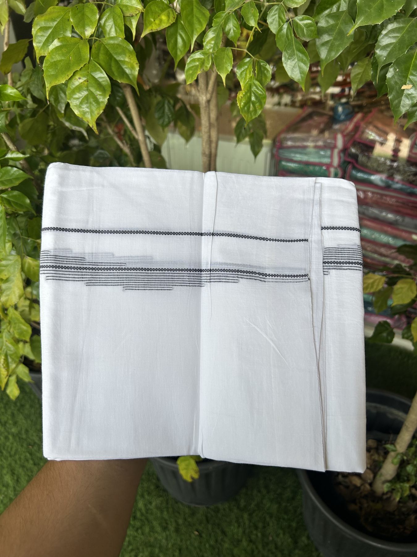 20% Discount ! Kaitharikada Balaramapuram 100% Cotton Pure White Double Mundu/Dothi - 100x80 - 0.75 inch Dark Blue Stripes Jacquard Design Kara 3.80 mtr (8 muzham) - 31 KK5319 THI