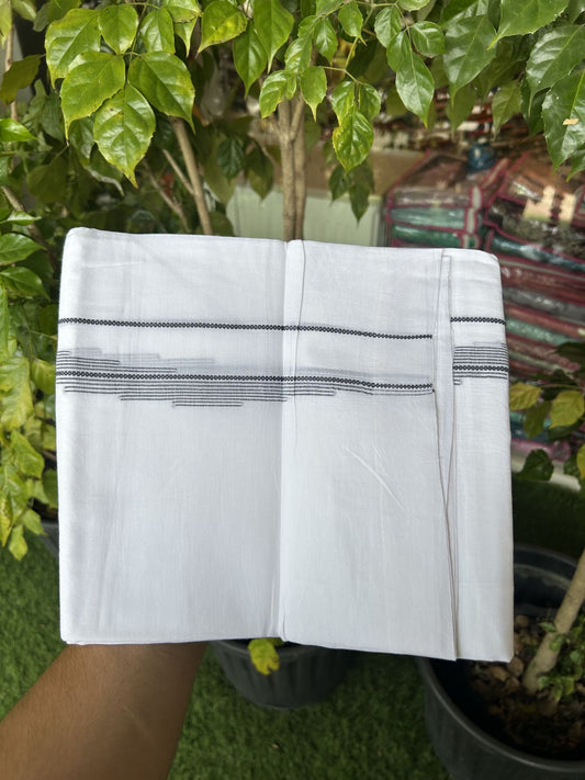 20% Discount ! Kaitharikada Balaramapuram 100% Cotton Pure White Double Mundu/Dothi - 100x80 - 0.75 inch Dark Blue Stripes Jacquard Design Kara 3.80 mtr (8 muzham) - 31 KK5319 THI
