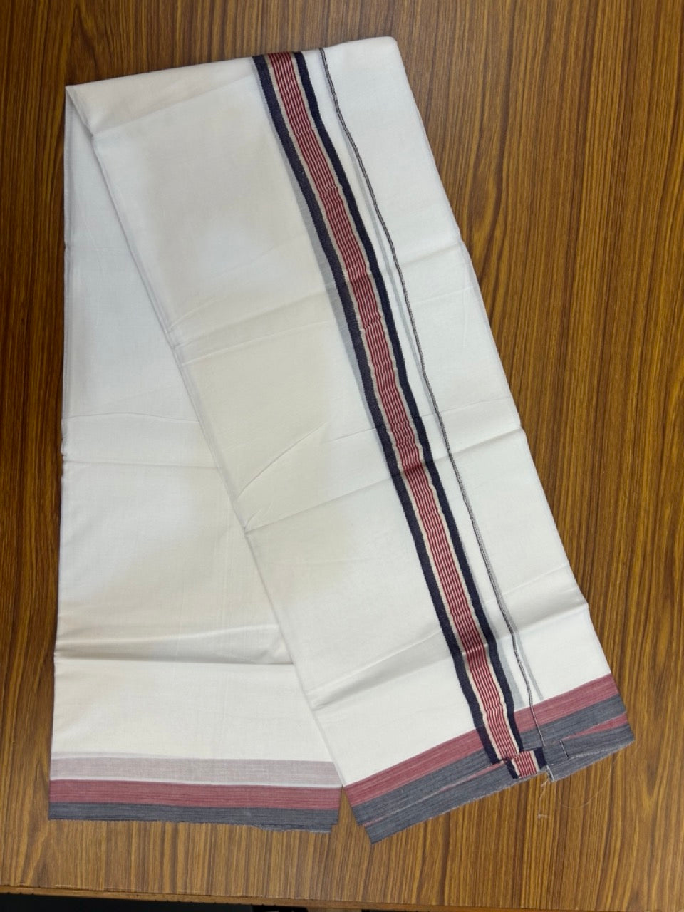 20% Discount ! KaithariKada Balaramapuram Double Pure White Mundu/Dhoti- 100x80 - 1.5 inch Silver Kasavu Navy Blue & Red striped kara 3.90 Mtr (8 Muzham) - 8 KK5282 PMC