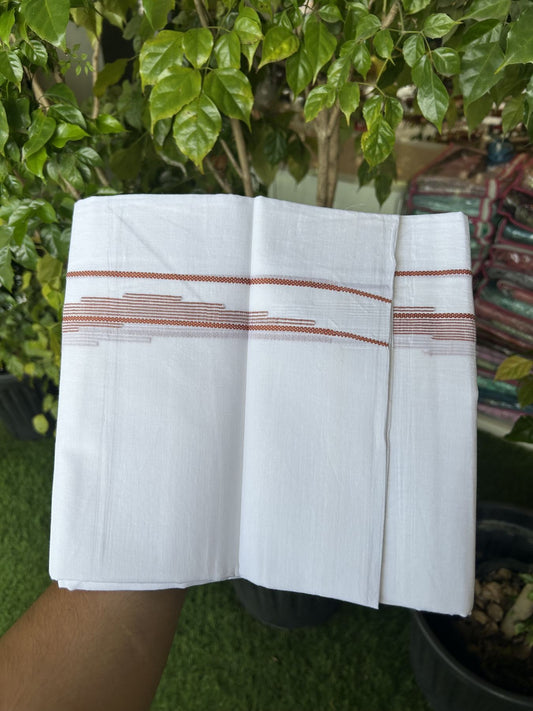 20% Discount ! Kaitharikada Balaramapuram 100% Cotton Pure White Double Mundu/Dothi - 100x80 - 0.75 inch Brick Orange Stripes Design Kara 3.80 mtr (8 muzham) - 30 KK5319 THI