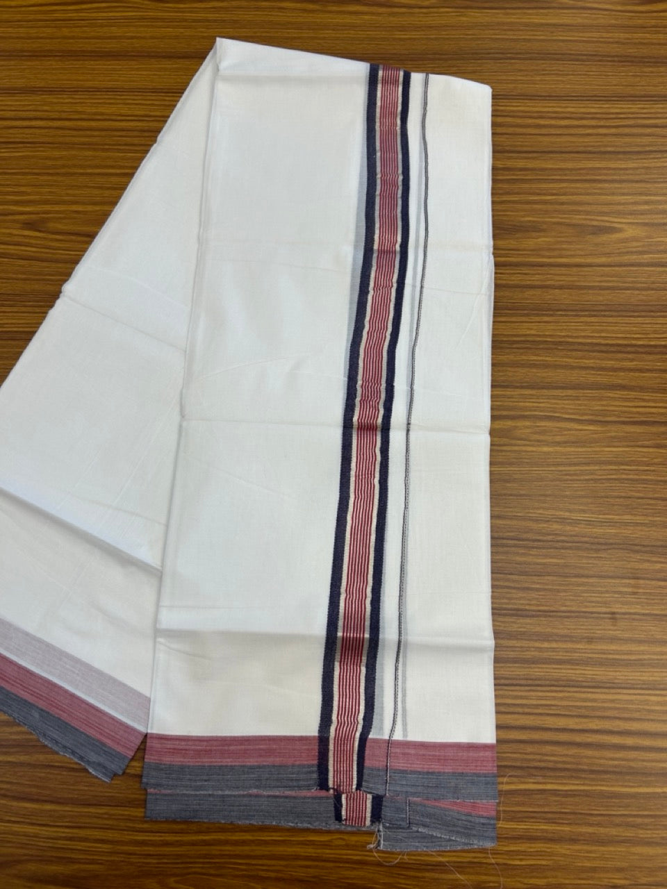 20% Discount ! KaithariKada Balaramapuram Double Pure White Mundu/Dhoti- 100x80 - 1.5 inch Silver Kasavu Navy Blue & Red striped kara 3.90 Mtr (8 Muzham) - 8 KK5282 PMC