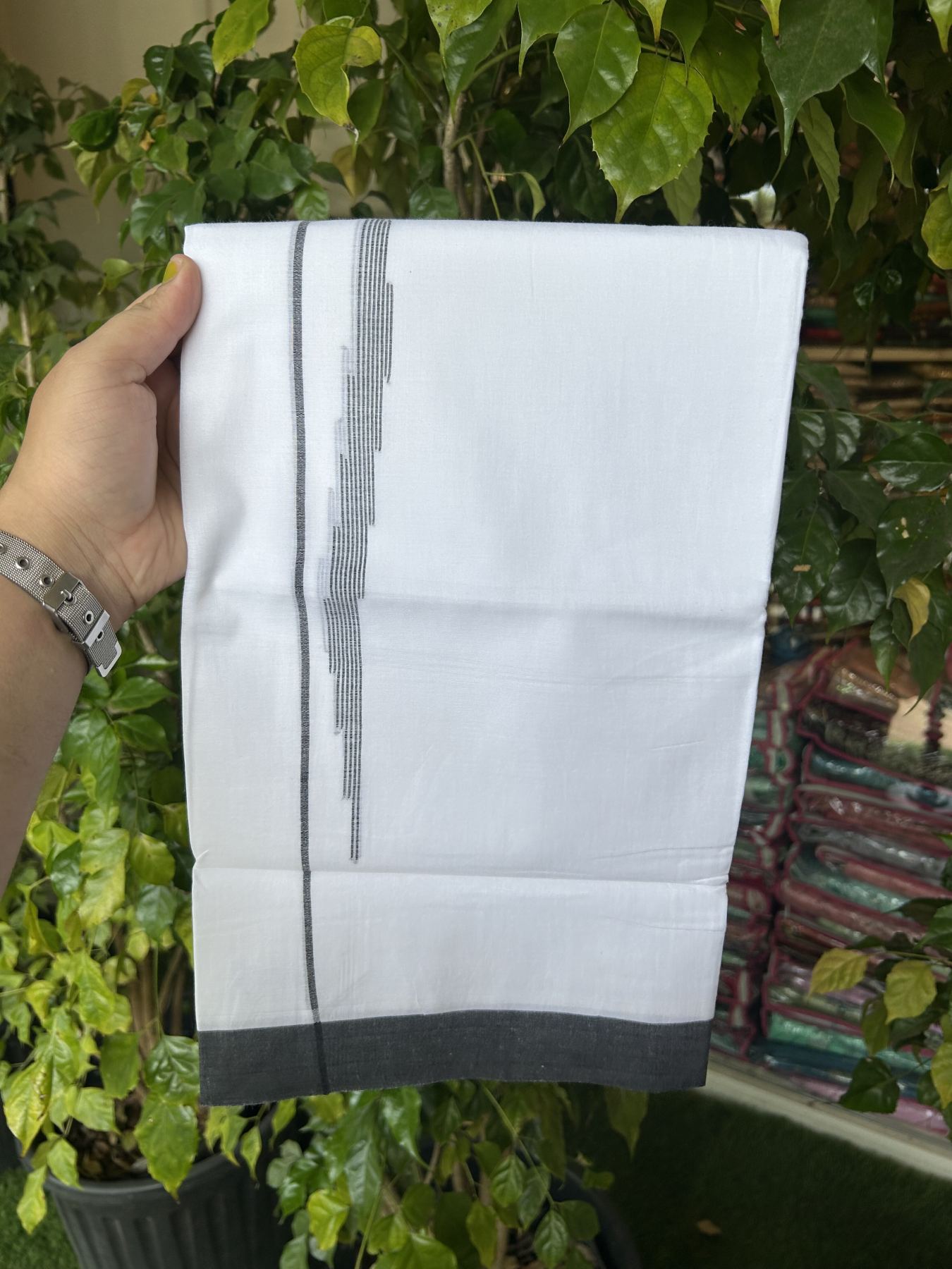 20% Discount ! Kaitharikada Balaramapuram 100% Cotton Pure White Double Mundu/Dothi - 100x80 - 0.75 inch Black Stripes Design Kara 3.80 mtr (8 muzham) - 35 KK5319 THI