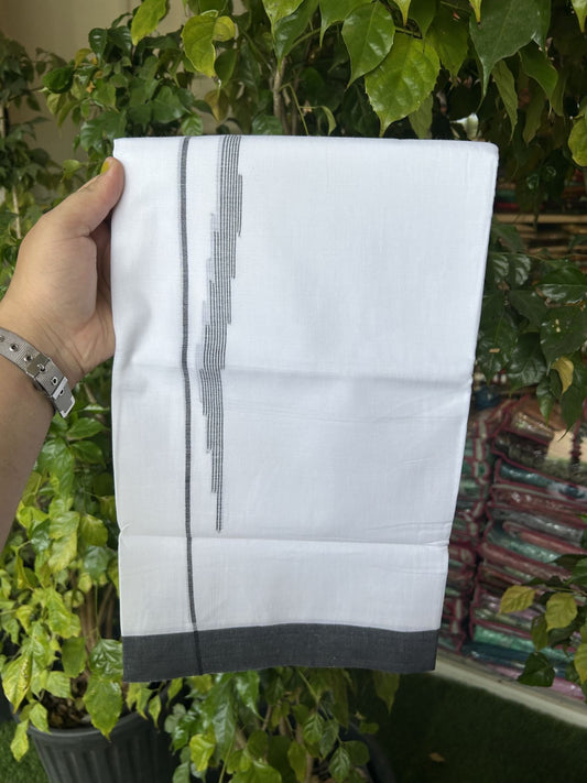 20% Discount ! Kaitharikada Balaramapuram 100% Cotton Pure White Double Mundu/Dothi - 100x80 - 0.75 inch Black Stripes Design Kara 3.80 mtr (8 muzham) - 35 KK5319 THI