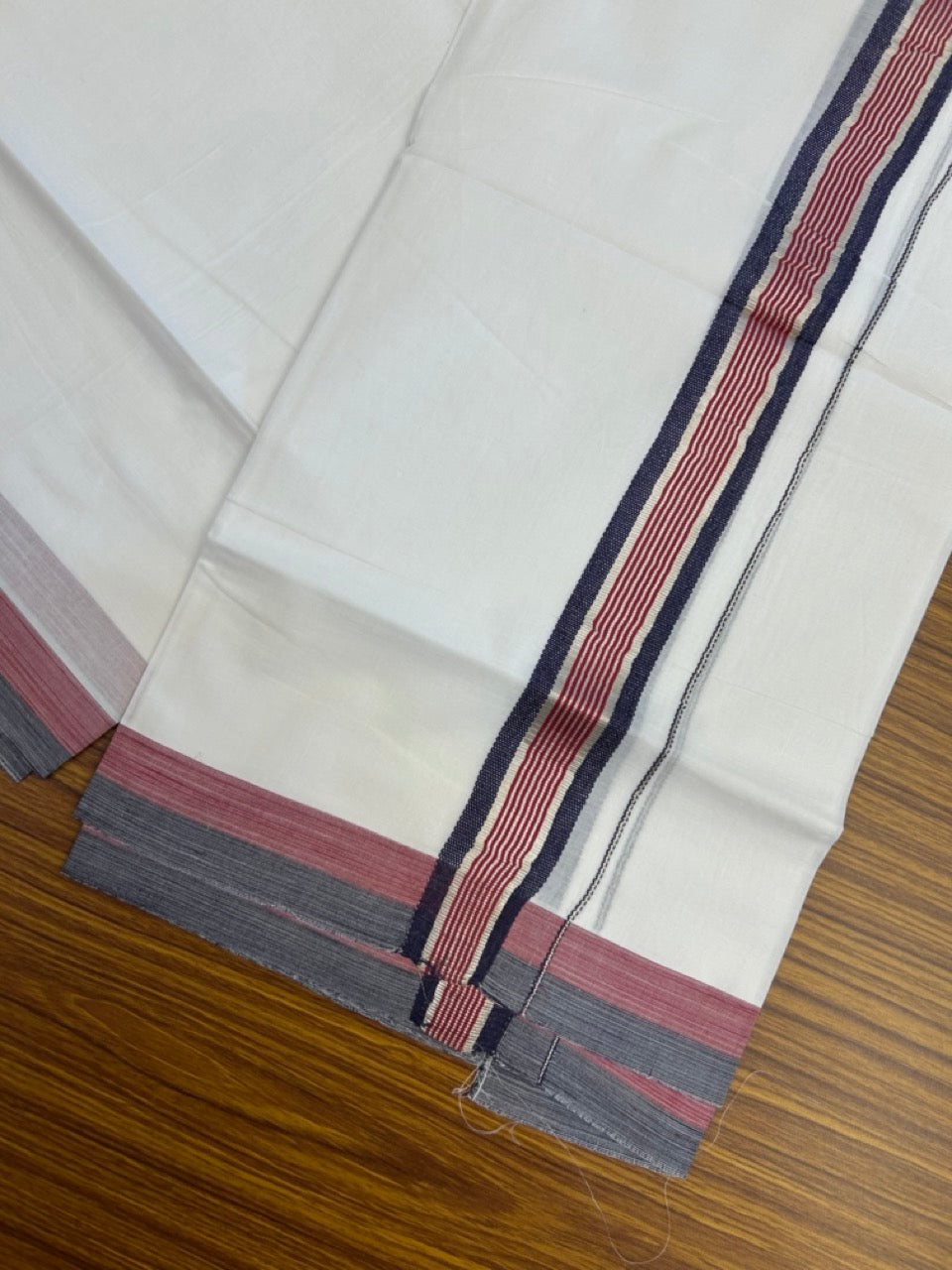 20% Discount ! KaithariKada Balaramapuram Double Pure White Mundu/Dhoti- 100x80 - 1.5 inch Silver Kasavu Navy Blue & Red striped kara 3.90 Mtr (8 Muzham) - 8 KK5282 PMC