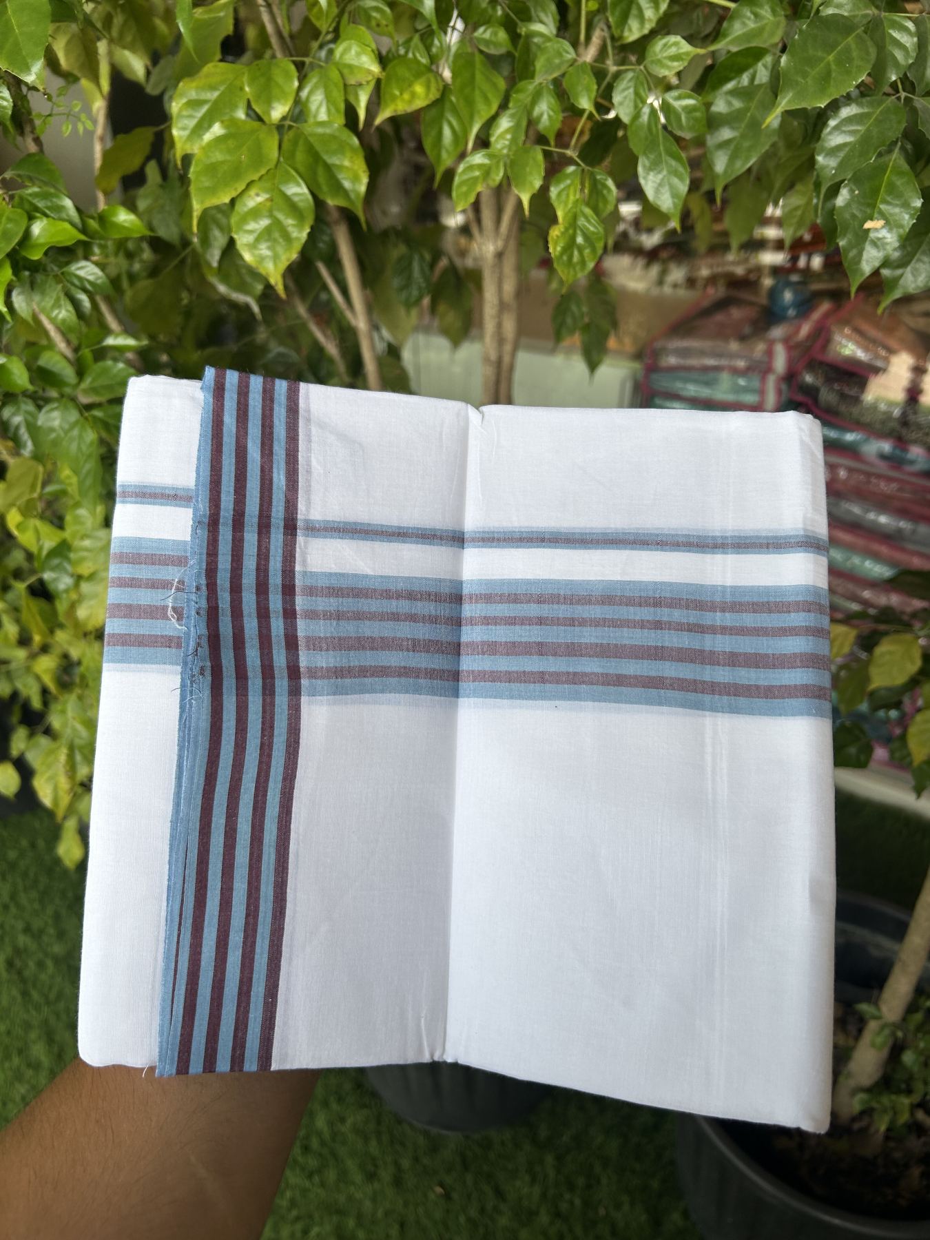 20% Discount ! Kaitharikada Balaramapuram 100% Cotton Pure White Double Mundu/Dothi - 100x80 - 1.25 inch Light Blue & Brown Shaded Striped Kara 3.80 mtr (8 muzham) - 8 KK5319 THI