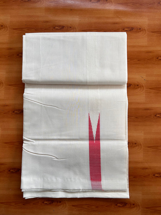 Off White (Unbleached) Double Mundu/Dhoti - 25% Discount!! Unakkupaav Kerala Handloom 100% Pure Cotton - 100X80 - 1 inch Puliyilakkara Reddish Peach Chutty 4 mtr (8.5 Muzham) - 7 KK5538 REA