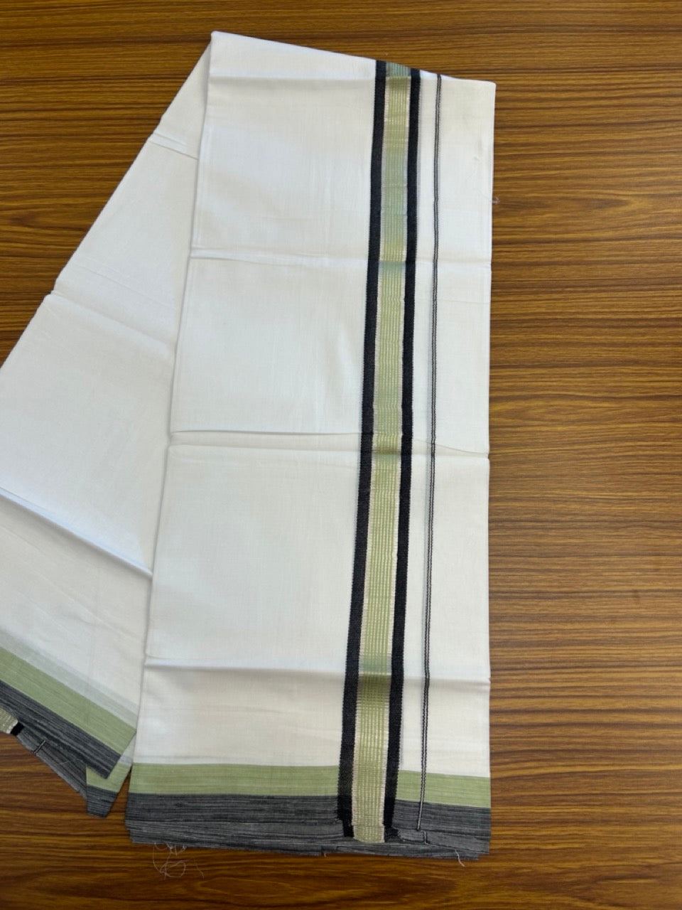 20% Discount ! KaithariKada Balaramapuram Double Pure White Mundu/Dhoti- 100x80 - 1.5 inch Silver Kasavu Black & Pista Green striped kara 3.90 Mtr (8 Muzham) - 10 KK5282 PMC