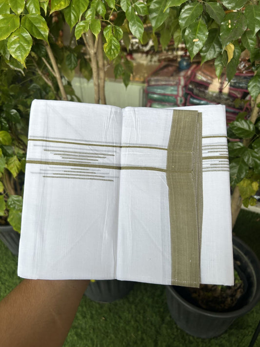 20% Discount ! Kaitharikada Balaramapuram 100% Cotton Pure White Double Mundu/Dothi - 100x80 - 1.5 inch Olive Green Stripes Design Kara 3.80 mtr (8 muzham) - 17 KK5319 THI
