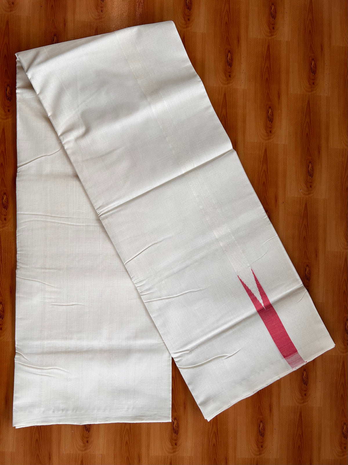 Off White (Unbleached) Double Mundu/Dhoti - 25% Discount!! Unakkupaav Kerala Handloom 100% Pure Cotton - 100X80 - 1 inch Puliyilakkara Reddish Peach Chutty 4 mtr (8.5 Muzham) - 7 KK5538 REA