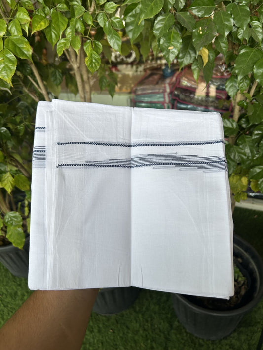 20% Discount ! Kaitharikada Balaramapuram 100% Cotton Pure White Double Mundu/Dothi - 100x80 - 0.75 inch Blue Stripes Design Kara 3.80 mtr (8 muzham) - 36 KK5319 THI