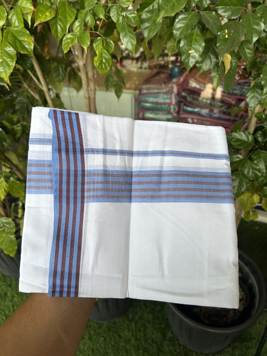20% Discount ! Kaitharikada Balaramapuram 100% Cotton Pure White Double Mundu/Dothi - 100x80 - 1.25 inch Blue & Brown Shaded Striped Kara 3.80 mtr (8 muzham) - 7 KK5319 THI