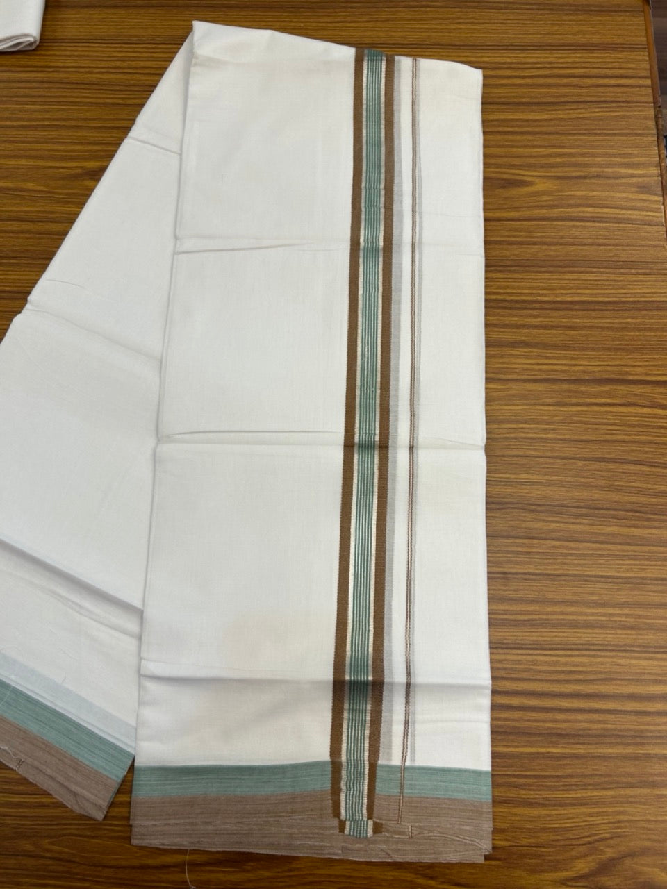 20% Discount ! KaithariKada Balaramapuram Double Pure White Mundu/Dhoti- 100x80 - 1.5 inch Silver Kasavu Brown & Pastel Teal striped kara 3.90 Mtr (8 Muzham) - 12 KK5282 PMC