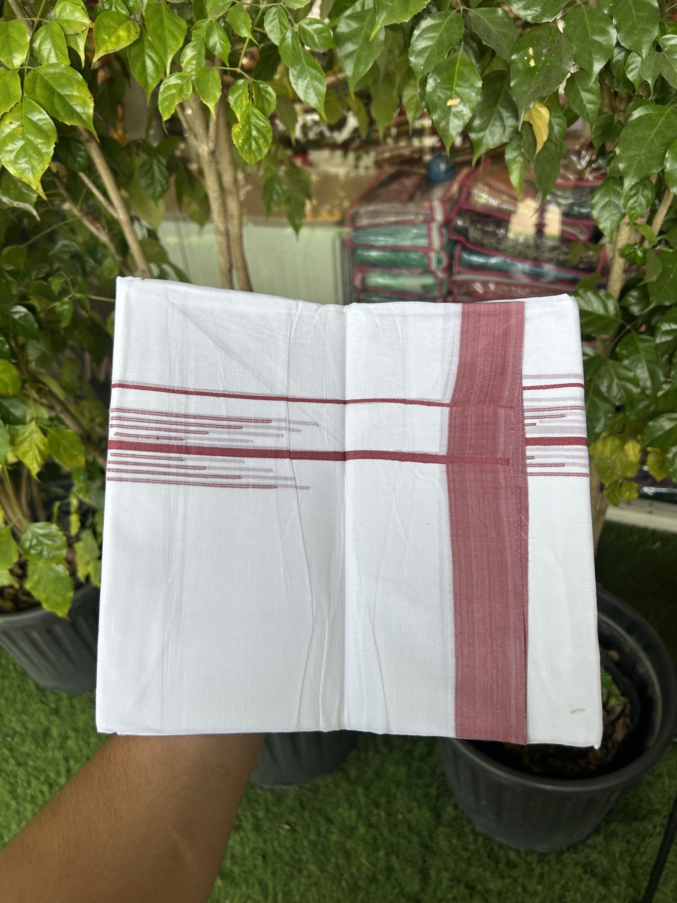20% Discount ! Kaitharikada Balaramapuram 100% Cotton Pure White Double Mundu/Dothi - 100x80 - 1.5 inch Dusty Rose Stripes Design Kara 3.80 mtr (8 muzham) - 10 KK5319 THI