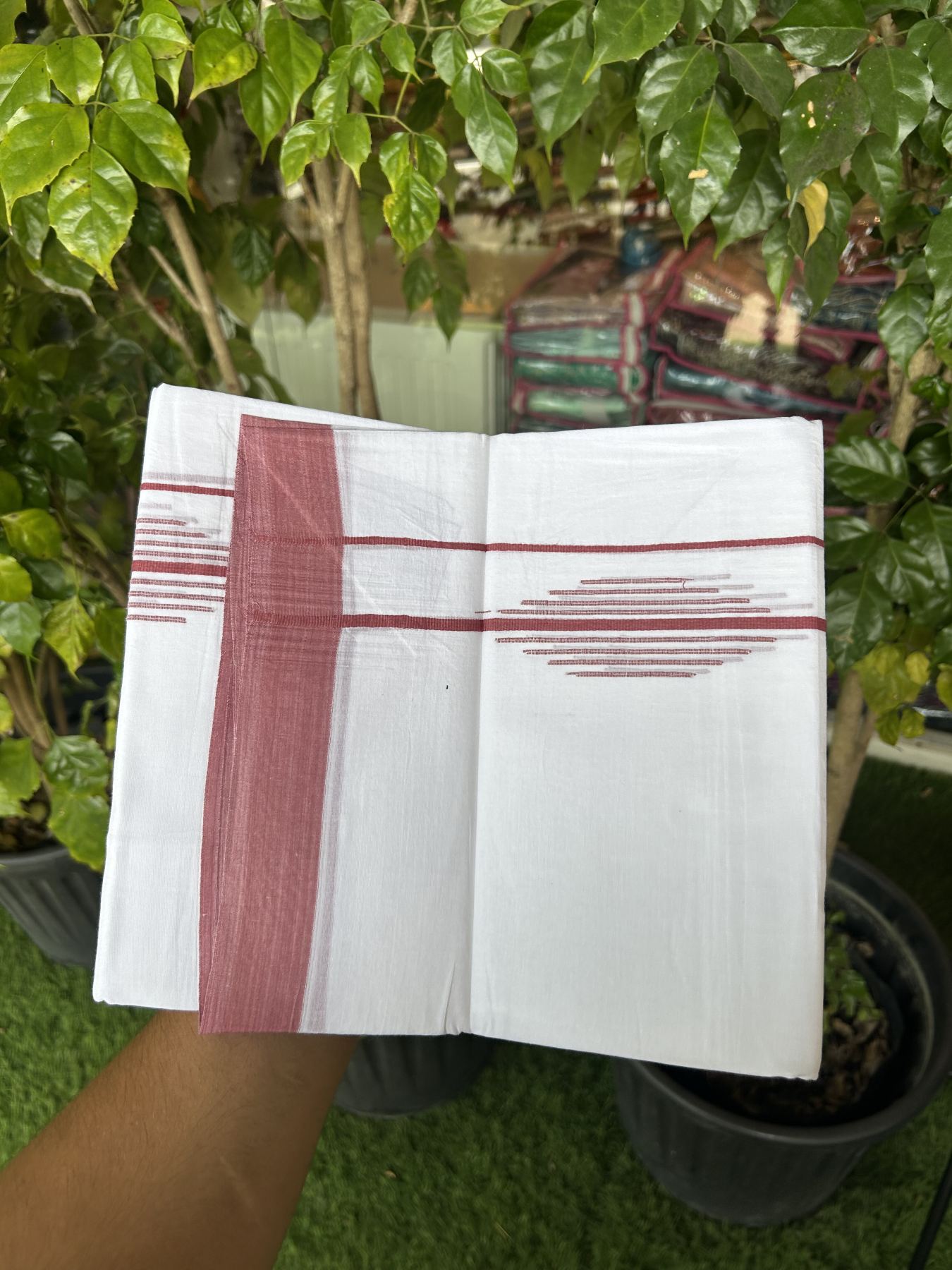20% Discount ! Kaitharikada Balaramapuram 100% Cotton Pure White Double Mundu/Dothi - 100x80 - 1.5 inch Dusty Rose Stripes Design Kara 3.80 mtr (8 muzham) - 27 KK5319 THI