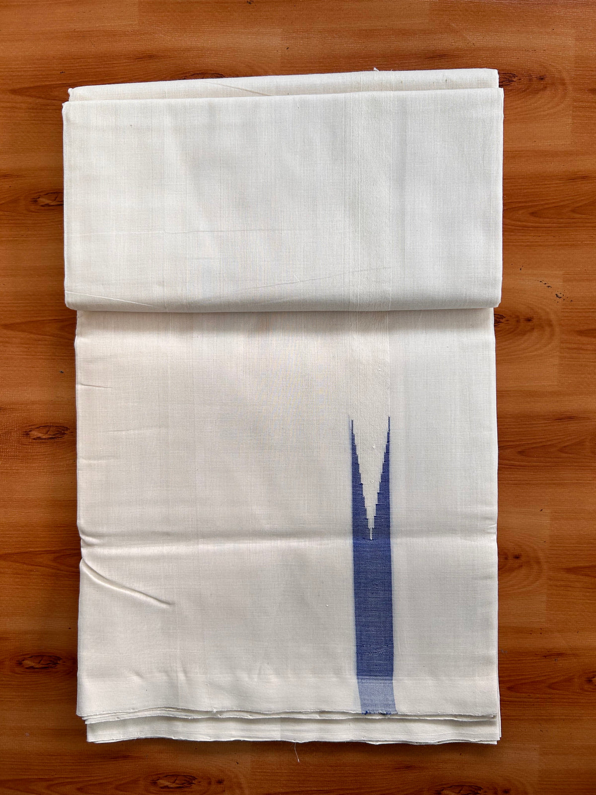 Off White (Unbleached) Double Mundu/Dhoti - 25% Discount!! Unakkupaav Kerala Handloom 100% Pure Cotton - 100X80 - 1 inch Puliyilakkara Blue Chutty 4 mtr (8.5 Muzham) - 8 KK5538 REA