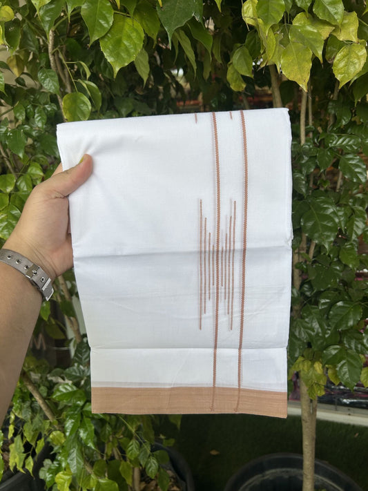 20% Discount ! Kaitharikada Balaramapuram 100% Cotton Pure White Double Mundu/Dothi - 100x80 - 1.5 inch Brownish Orange Stripes Design Kara 3.80 mtr (8 muzham) - 16 KK5319 THI