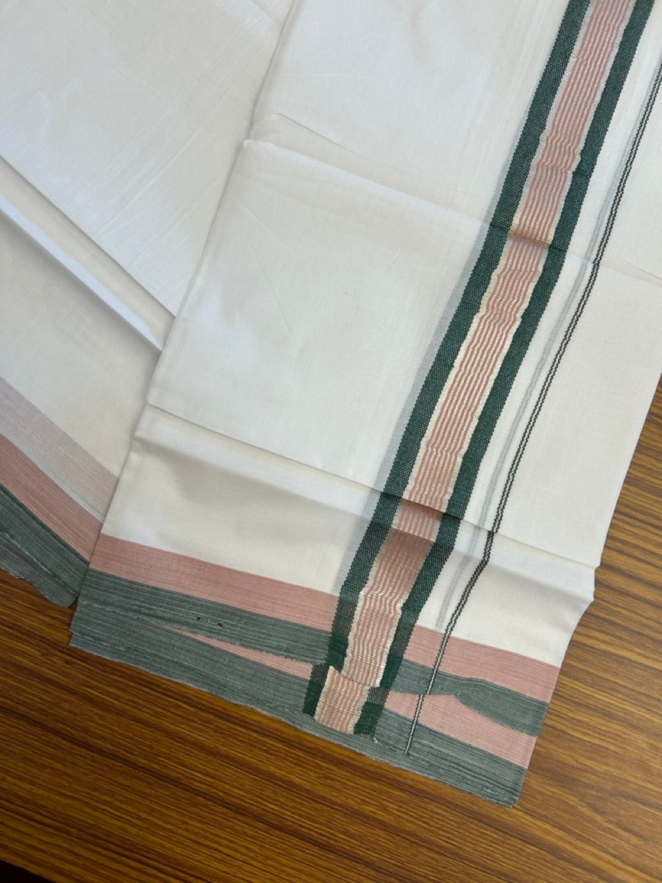 20% Discount ! KaithariKada Balaramapuram Double Pure White Mundu/Dhoti- 100x80 - 1.5 inch Silver Kasavu Green & Dusty Rose striped kara 3.90 Mtr (8 Muzham) - 11 KK5282 PMC
