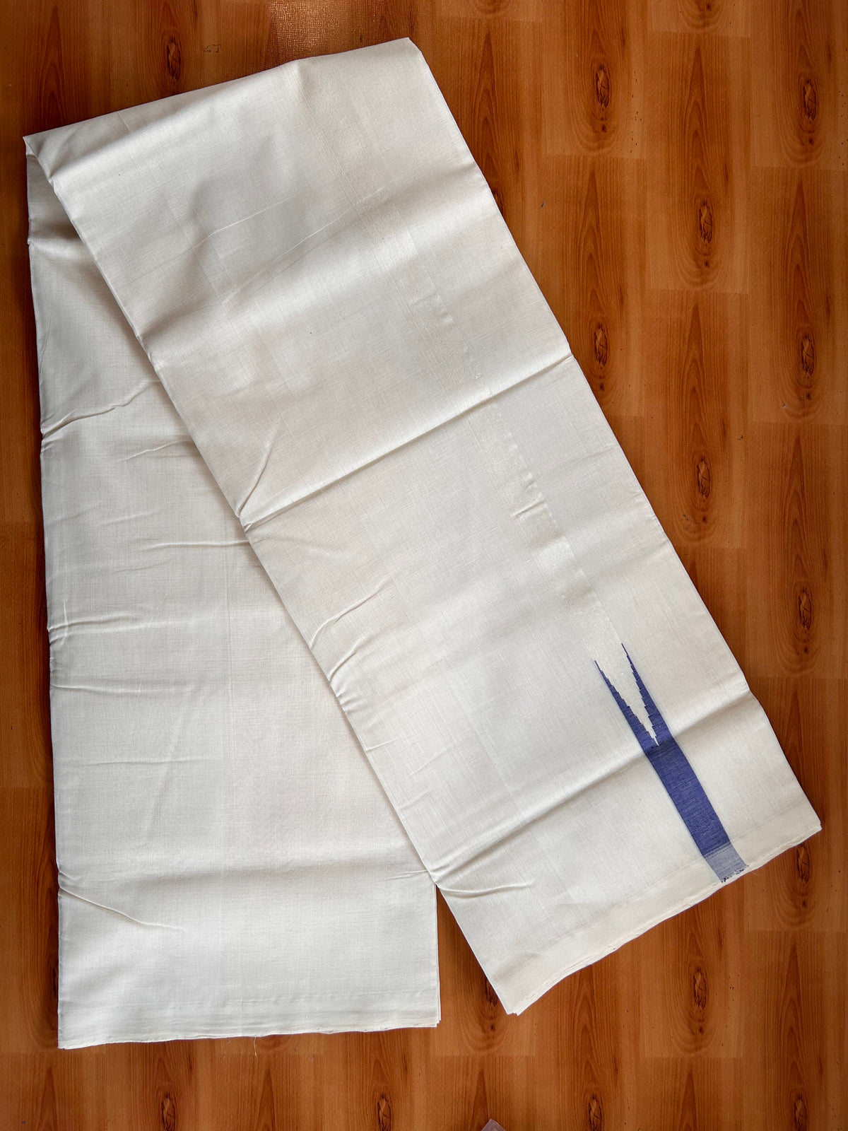 Off White (Unbleached) Double Mundu/Dhoti - 25% Discount!! Unakkupaav Kerala Handloom 100% Pure Cotton - 100X80 - 1 inch Puliyilakkara Blue Chutty 4 mtr (8.5 Muzham) - 8 KK5538 REA