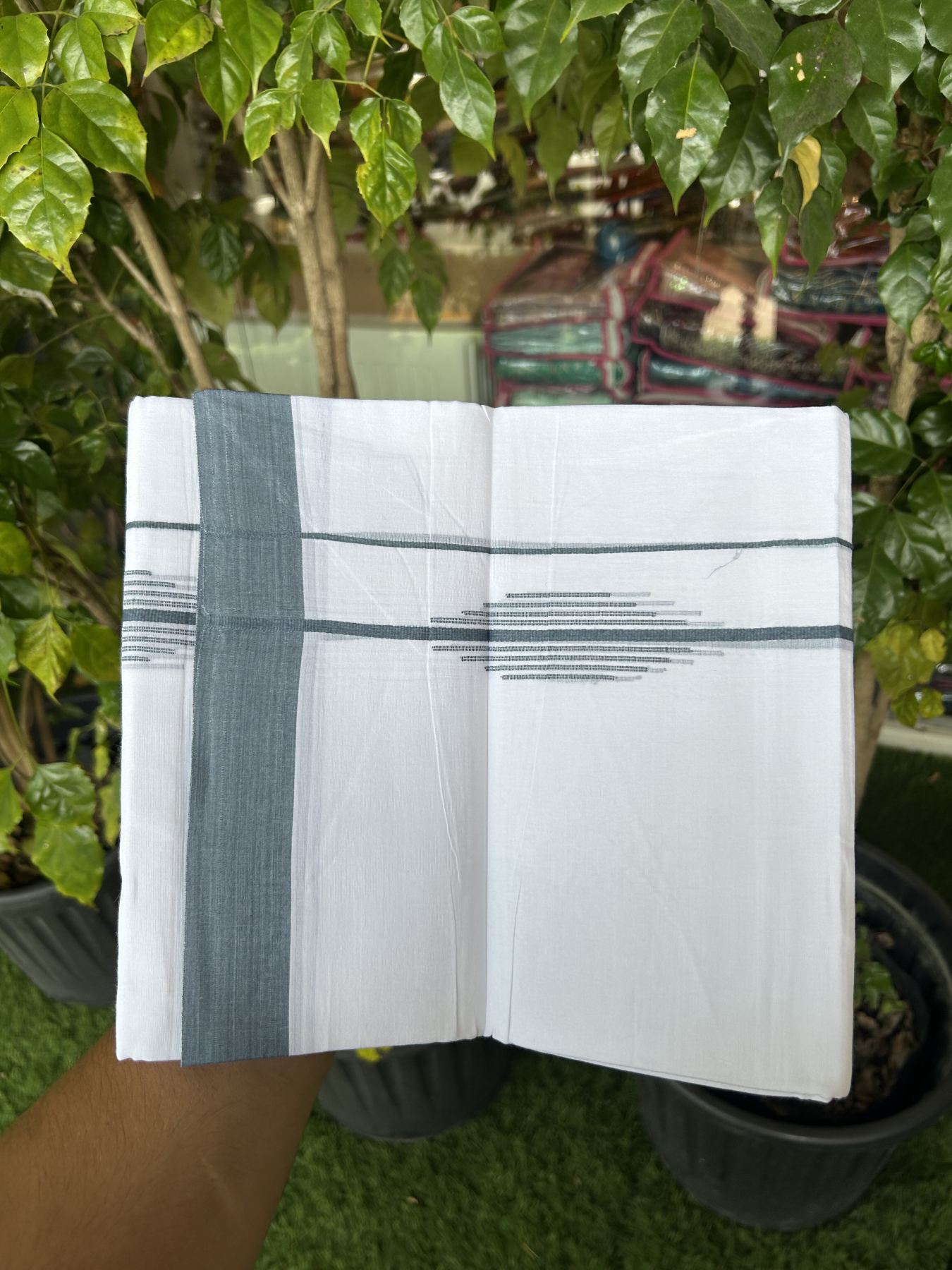 20% Discount ! Kaitharikada Balaramapuram 100% Cotton Pure White Double Mundu/Dothi - 100x80 - 1.5 inch Ash Blue Stripes Design Kara 3.80 mtr (8 muzham) - 39 KK5319 THI