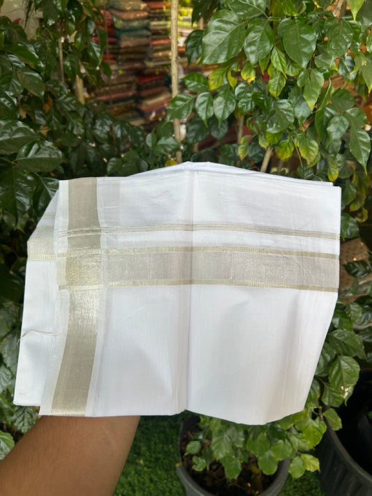 20% Discount! KaithariKada Balaramapuram 100% Cotton Double Pure White Mundu/Dhoti - 100x80 - 1.5 inch Silver Kasavu shaded Kara - 3.90 Mtr (8 Muzham) - 1 KK5282 PMC