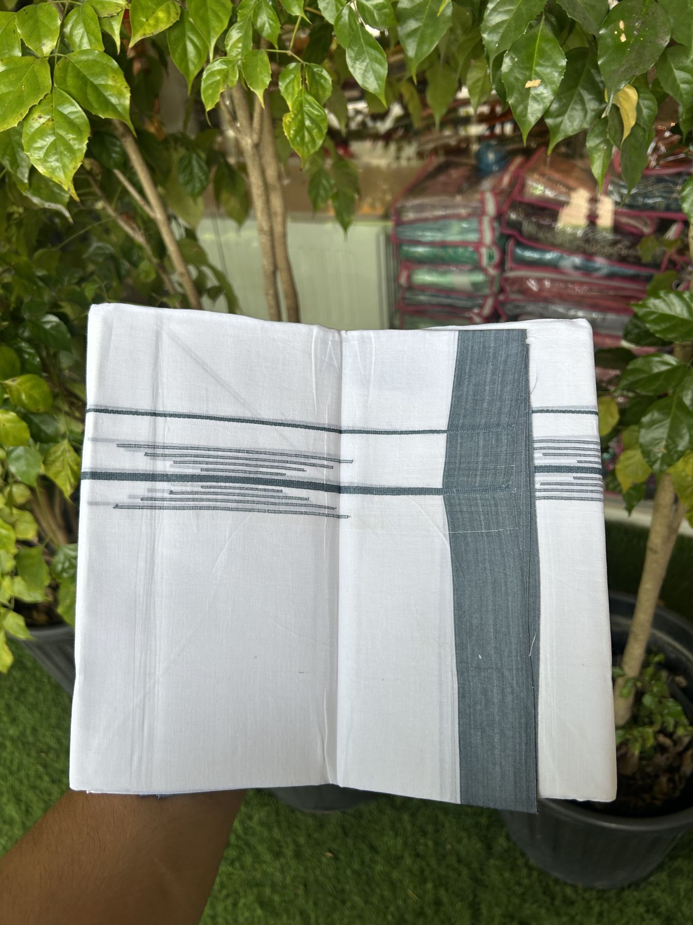 20% Discount ! Kaitharikada Balaramapuram 100% Cotton Pure White Double Mundu/Dothi - 100x80 - 1.5 inch Ash Blue Stripes Design Kara 3.80 mtr (8 muzham) - 11 KK5319 THI