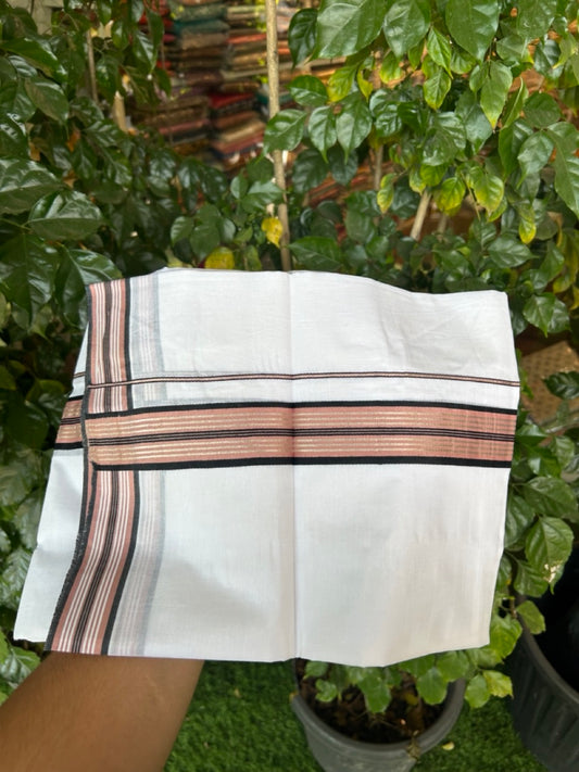 20% Discount ! KaithariKada Balaramapuram Double Pure White Mundu/Dhoti- 100x80 - 1.5 inch Silver Kasavu Black & Dusty Rose striped kara 3.90 Mtr (8 Muzham) - 37 KK5282 PMC