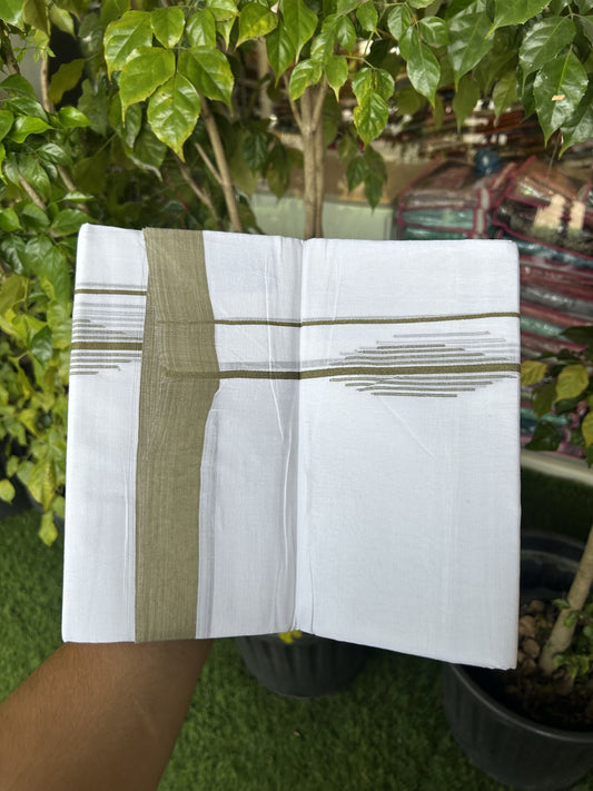 20% Discount ! Kaitharikada Balaramapuram 100% Cotton Pure White Double Mundu/Dothi - 100x80 - 1.5 inch Olive Green Stripes Design Kara 3.80 mtr (8 muzham) - 28 KK5319 THI