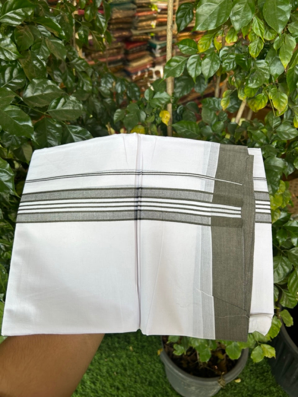 20% Discount ! KaithariKada Balaramapuram 100% Cotton Double Pure white Mundu/Dhoti- 100x80 - 1.75 inch Dark Sage Green shaded striped Kara - 3.90mtr ( 8 muzham) - 38 KK5282 PMC