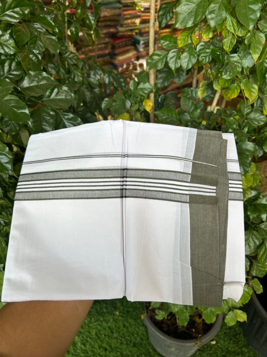 20% Discount ! KaithariKada Balaramapuram 100% Cotton Double Pure white Mundu/Dhoti- 100x80 - 1.75 inch Dark Sage Green shaded striped Kara - 3.90mtr ( 8 muzham) - 38 KK5282 PMC