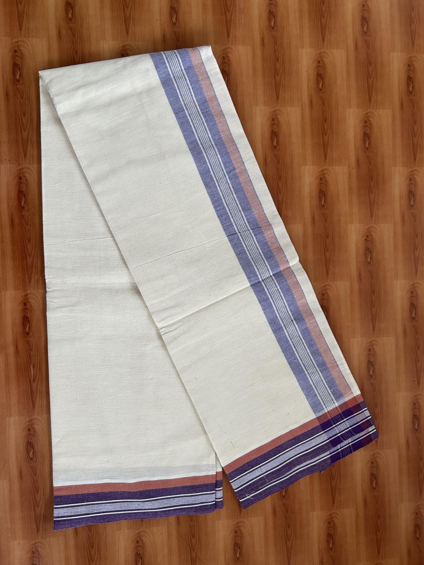 Kaitharikada - Pure Cotton Single Off White - (Unbleached) Kaily / Lungi -2/ 60s - 2.75 Inch Purple & Brownish Orange Striped Kara with Off White colour body (2 meter / 4 muzham)- 8 KK8053 KUT