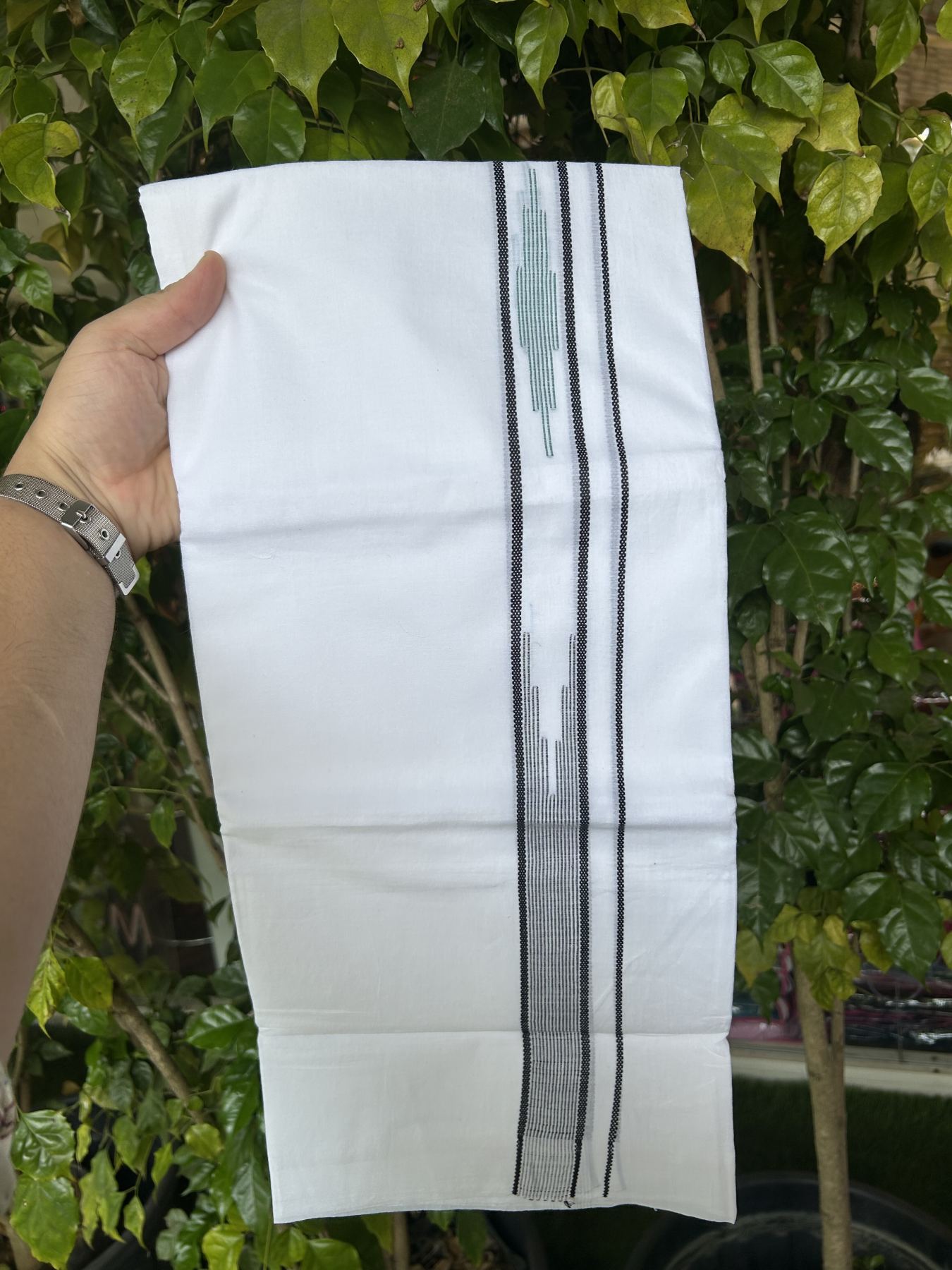 20% Discount ! Kaitharikada Balaramapuram 100% Cotton Pure White Double Mundu/Dothi - 100x80 - 1.5 inch Ash Black & Blue Green Stripes Design Chutty Kara 3.80 mtr (8 muzham) - 25 KK5319 THI