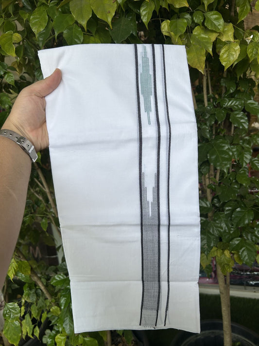 20% Discount ! Kaitharikada Balaramapuram 100% Cotton Pure White Double Mundu/Dothi - 100x80 - 1.5 inch Ash Black & Blue Green Stripes Design Chutty Kara 3.80 mtr (8 muzham) - 25 KK5319 THI