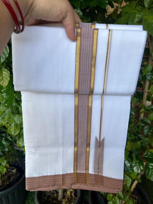 25% Discount!! NEW ULTRA PURE WHITE HANDLOOM Balaramapuram - 100% Mercerised Cotton Double Mundu/Dhoti - 120 twisted warp x 80s weft - 1.5 inch Puliyilakkara Gold Kasavu & Sand Brown Striped Chutty Kara- 1KK5209 REA