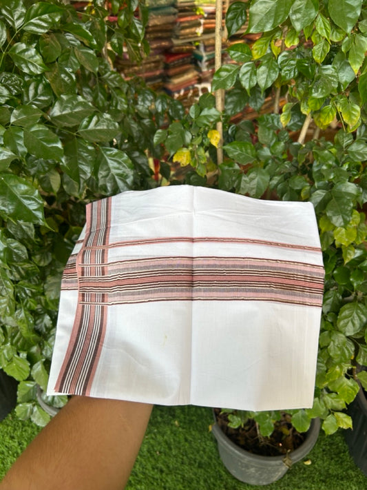20% Discount ! KaithariKada Balaramapuram Double Pure White Mundu/Dhoti- 100x80 - 2 inch Silver Kasavu Dark Brown & Dusty Rose striped kara 3.90 Mtr (8 Muzham) - 36 KK5282 PMC