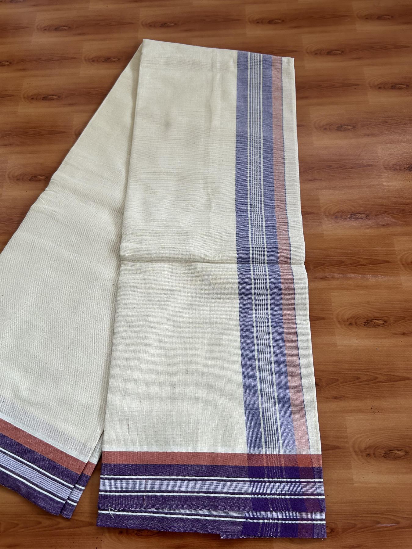 Kaitharikada - Pure Cotton Single Off White - (Unbleached) Kaily / Lungi -2/ 60s - 2.75 Inch Purple & Brownish Orange Striped Kara with Off White colour body (2 meter / 4 muzham)- 8 KK8053 KUT