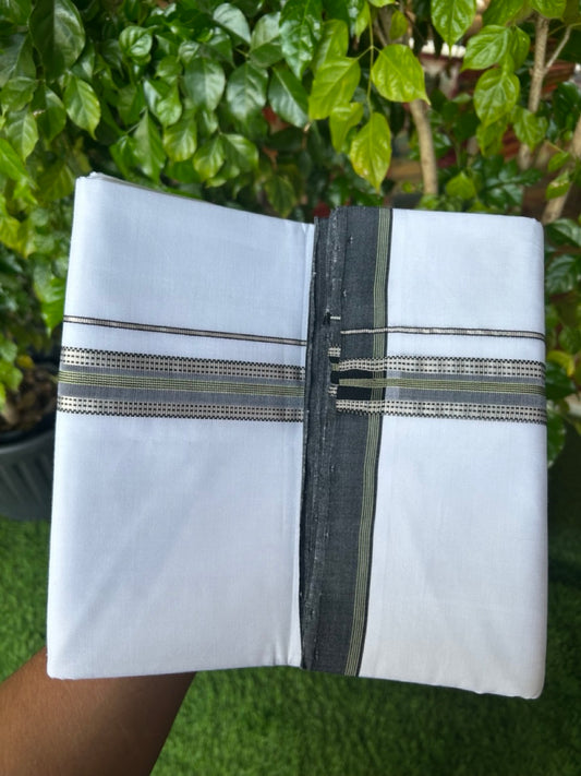 25% Discount!! NEW ULTRA PURE WHITE HANDLOOM Balaramapuram - 100% Mercerised Cotton Double Mundu/Dhoti - 120 twisted warp x 80s weft - 1.25 inch Silver Kasavu & Black Green Striped Kara- 3KK5209 REA