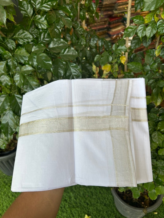20% Discount! KaithariKada Balaramapuram 100% Cotton Double Pure White Mundu/Dhoti - 100x80 - 1.5 inch Silver Kasavu striped Kara - 3.90 Mtr (8 Muzham) - 3 KK5282 PMC