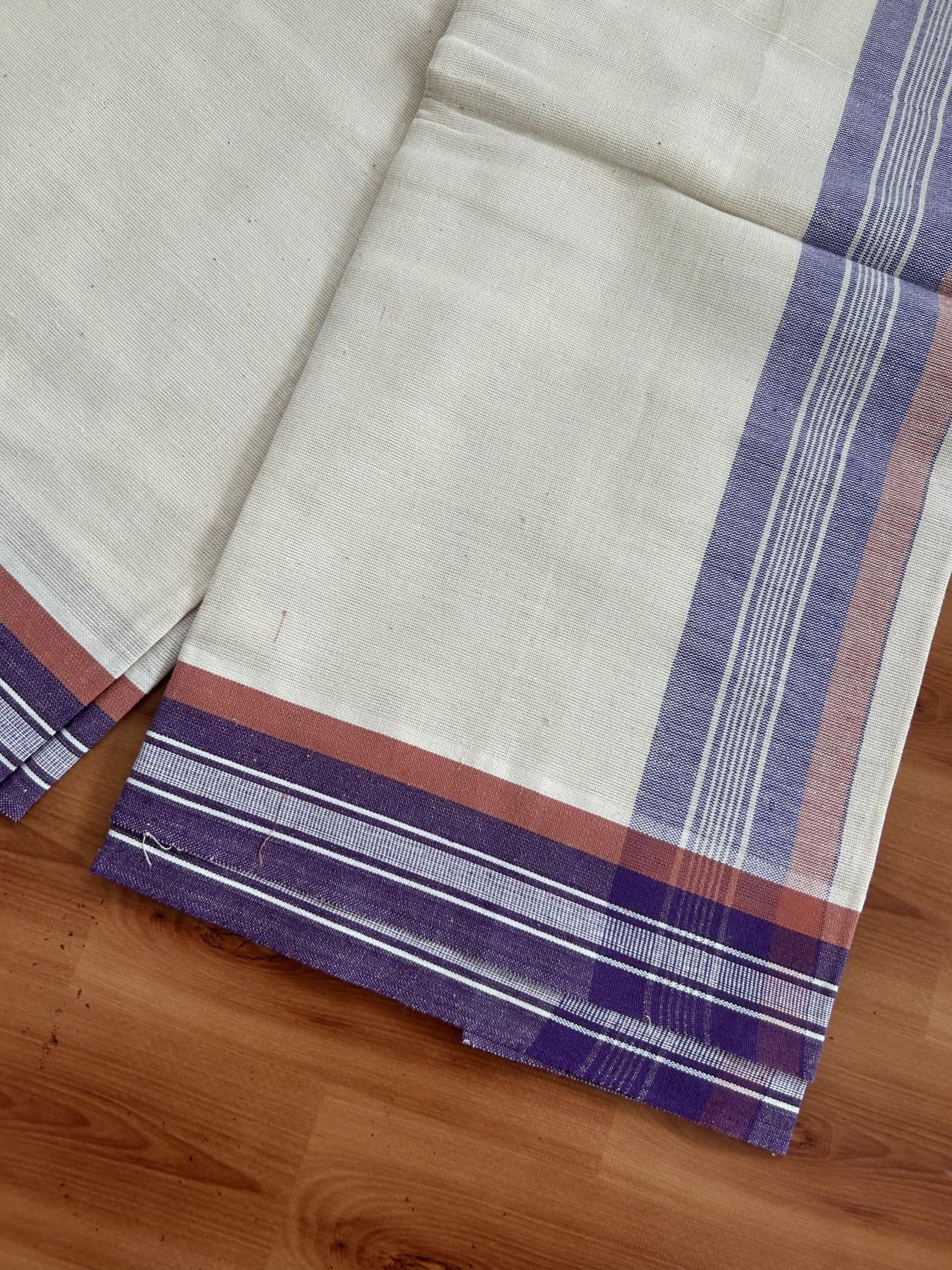 Kaitharikada - Pure Cotton Single Off White - (Unbleached) Kaily / Lungi -2/ 60s - 2.75 Inch Purple & Brownish Orange Striped Kara with Off White colour body (2 meter / 4 muzham)- 8 KK8053 KUT