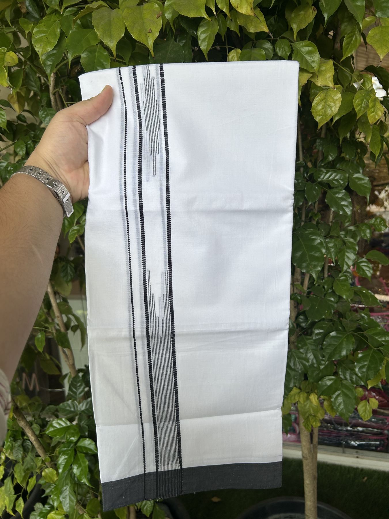 20% Discount ! Kaitharikada Balaramapuram 100% Cotton Pure White Double Mundu/Dothi - 100x80 - 1.5 inch Ash Black Stripes Design Chutty Kara 3.80 mtr (8 muzham) - 42 KK5319 THI