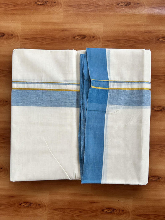 Double Off White (Unbleached) Mundu/Dhoti - 20% Discount! Kaitharikada Pure Cotton - 80x80 - 1.25 Inch Gold Kasav & Teal Blue Shaded Kara 4 mtr (8.5 muzham) - 11 KK5465 MRH