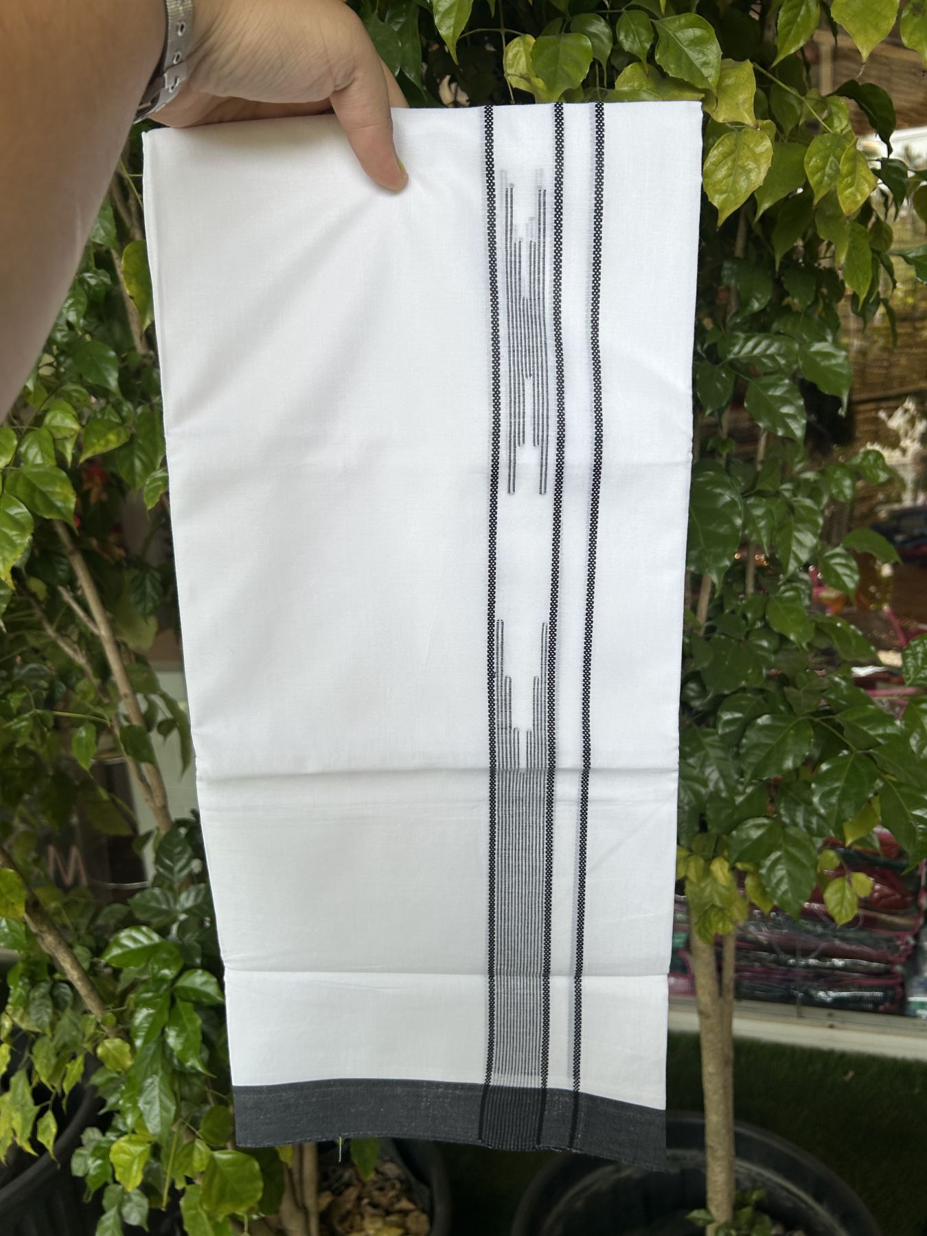 20% Discount ! Kaitharikada Balaramapuram 100% Cotton Pure White Double Mundu/Dothi - 100x80 - 1.5 inch Ash Black Stripes Design Chutty Kara 3.80 mtr (8 muzham) - 23 KK5319 THI