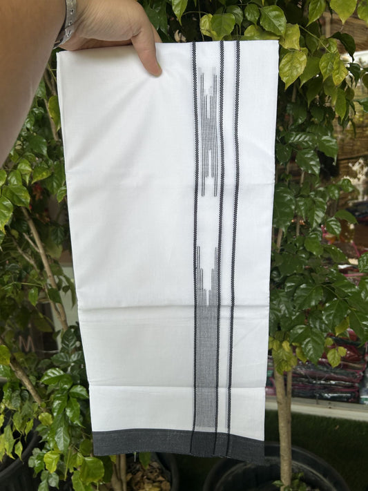 20% Discount ! Kaitharikada Balaramapuram 100% Cotton Pure White Double Mundu/Dothi - 100x80 - 1.5 inch Ash Black Stripes Design Kara 3.80 mtr (8 muzham) - 23 KK5319 THI