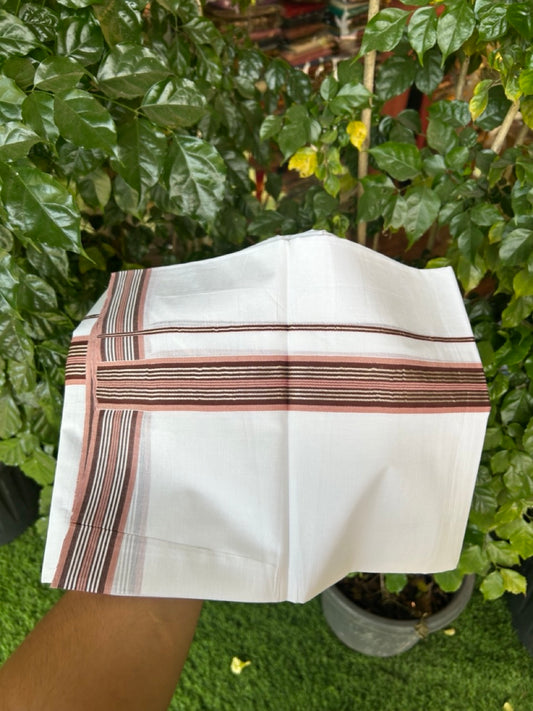 20% Discount ! KaithariKada Balaramapuram Double Pure White Mundu/Dhoti- 100x80 - 1.5 inch Silver Kasavu Dark Brown & Dusty Rose striped kara 3.90 Mtr (8 Muzham) - 13 KK5282 PMC