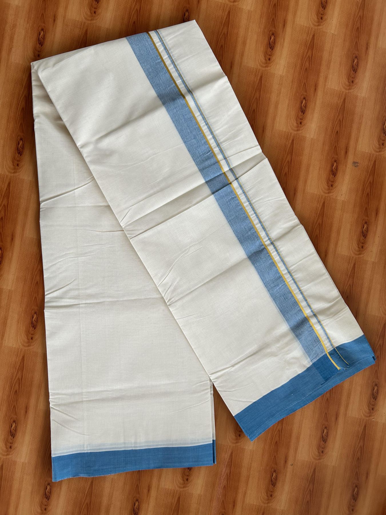 Double Off White (Unbleached) Mundu/Dhoti - 20% Discount! Kaitharikada Pure Cotton - 80x80 - 1.25 Inch Gold Kasav & Teal Blue Shaded Kara 4 mtr (8.5 muzham) - 11 KK5465 MRH