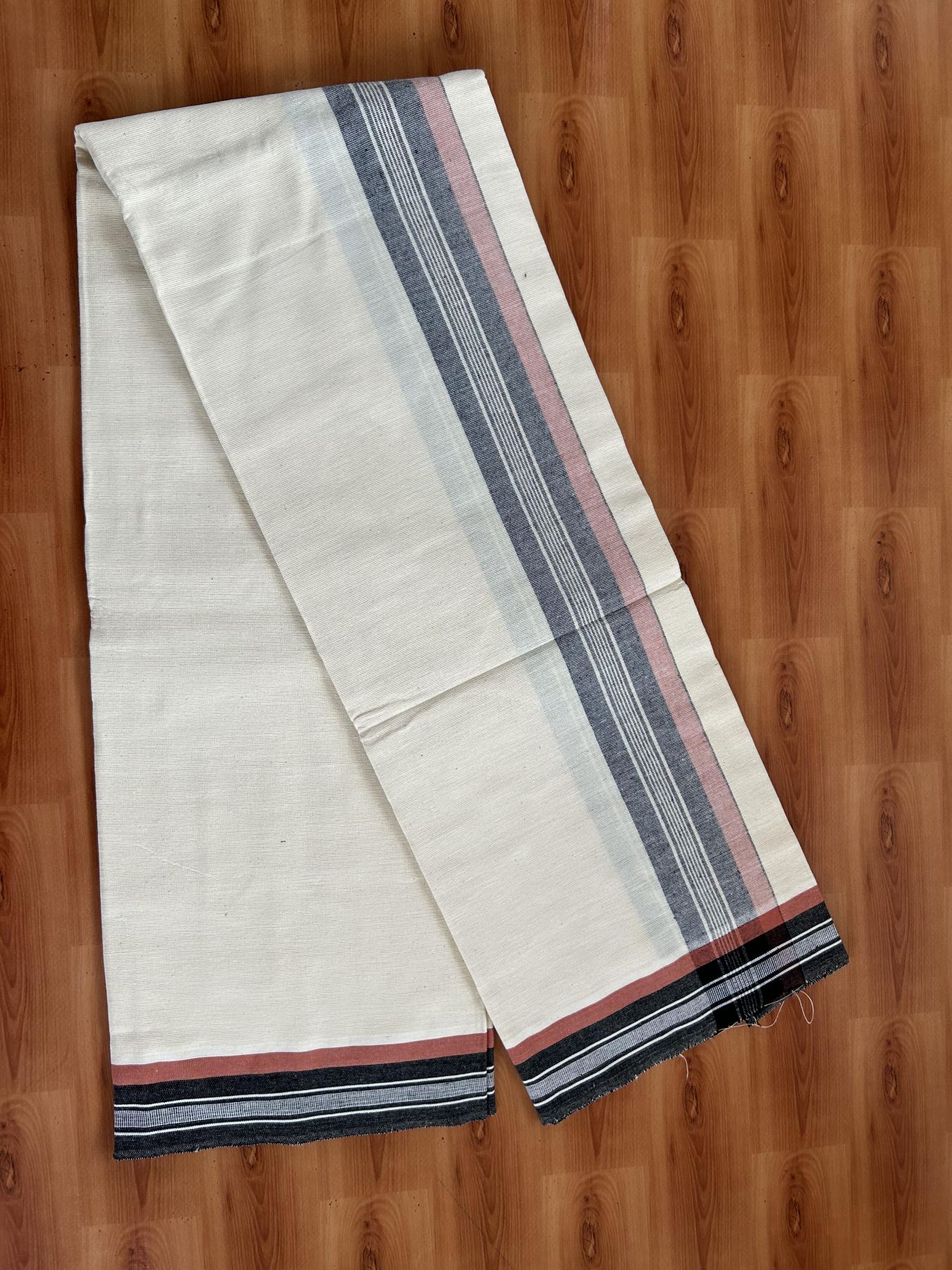 Kaitharikada - Pure Cotton Single Off White - (Unbleached) Kaily / Lungi -2/ 60s - 2.75 Inch Black & Brownish Orange Striped  Kara with Off White colour body (2 meter / 4 muzham)- 10 KK8053 KUT